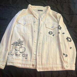 White SHEIN jean jacket with beautiful writing and drawings